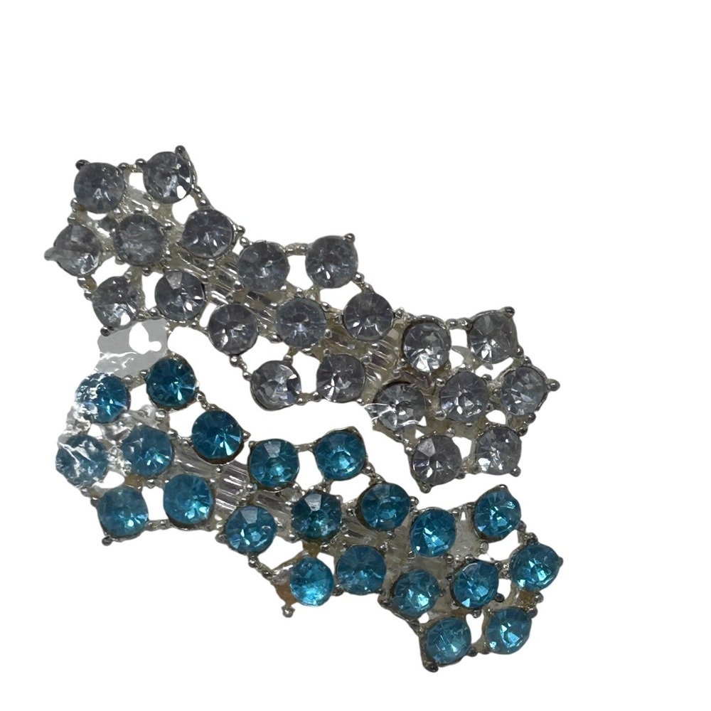 Rhinestone Hair Barrette Set Turquoise Blue and Clear Crystals Vintage Y2K